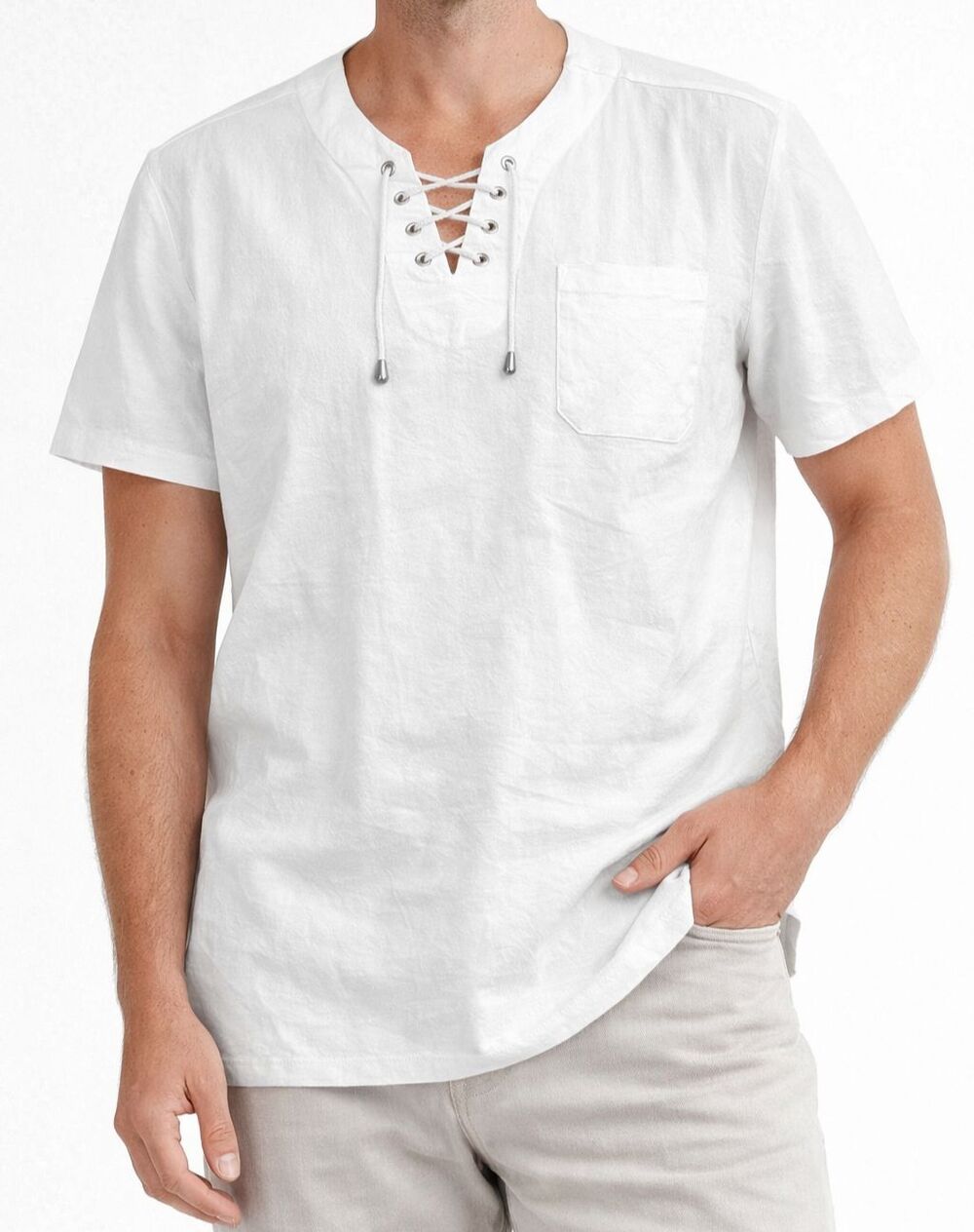 NWT Mens 2XL White Lace up Boho Beach Shirt Lightweight Resort Wear Coastal